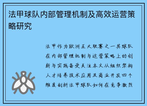 法甲球队内部管理机制及高效运营策略研究